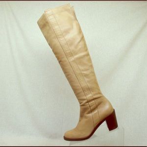 Beige Leather OTK Boots with Block Heel